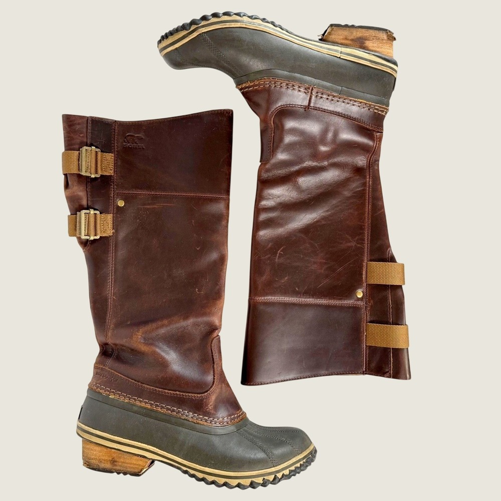 Sorel Slimpack NL2321 Tall Waterproof Duck Boots Brown Leather Riding Womens 8.5 - Picture 2 of 11